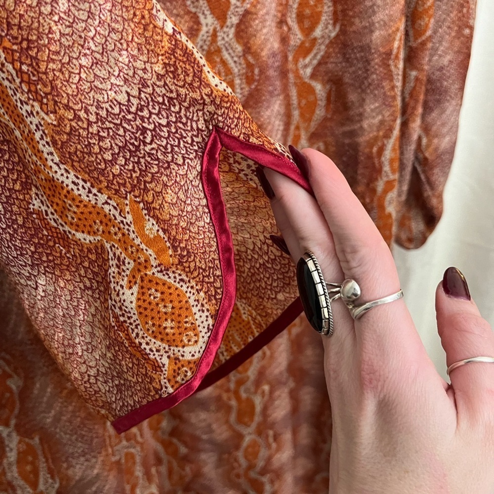 5/$45 Vintage 70s Long Semi Sheer Orange Snakeskin Kaftan by La Nuit - Picture 10 of 14